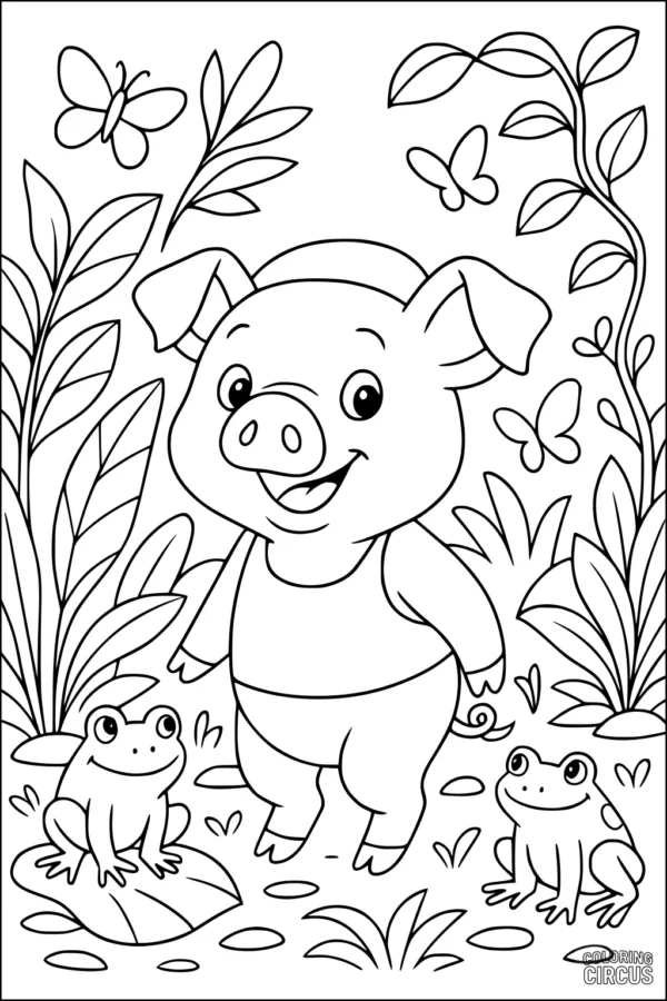 Coloring page featuring a smiling piglet with two frogs and butterflies in a garden setting