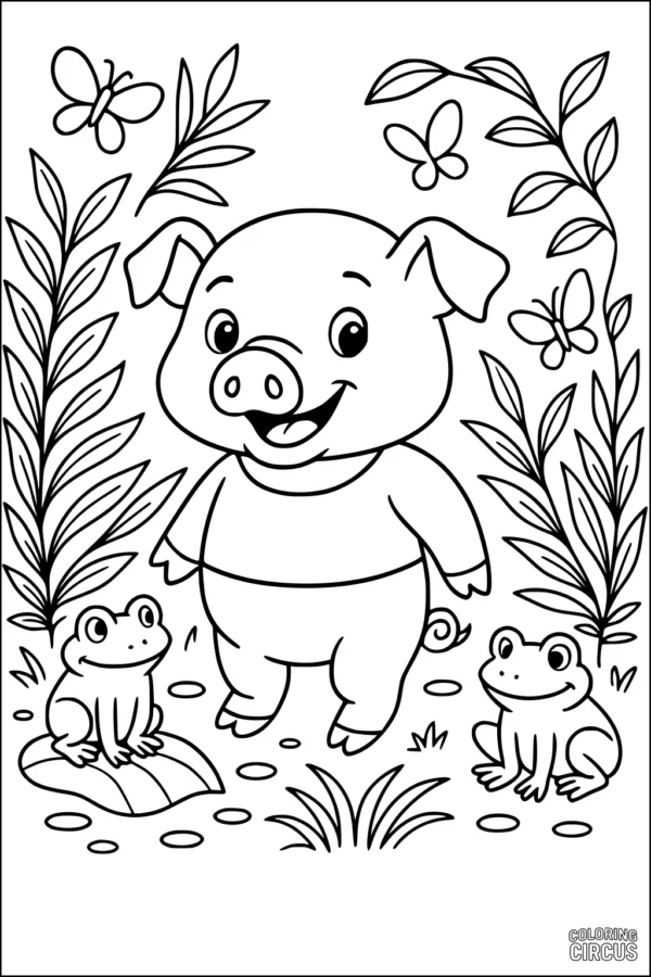 Coloring page showing a happy piglet with frogs, leafy plants, and butterflies