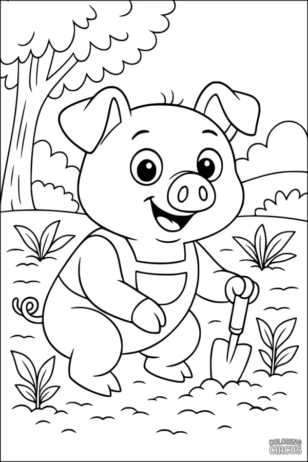 Coloring page featuring a smiling piglet in overalls digging in a sunny garden with trees and plants