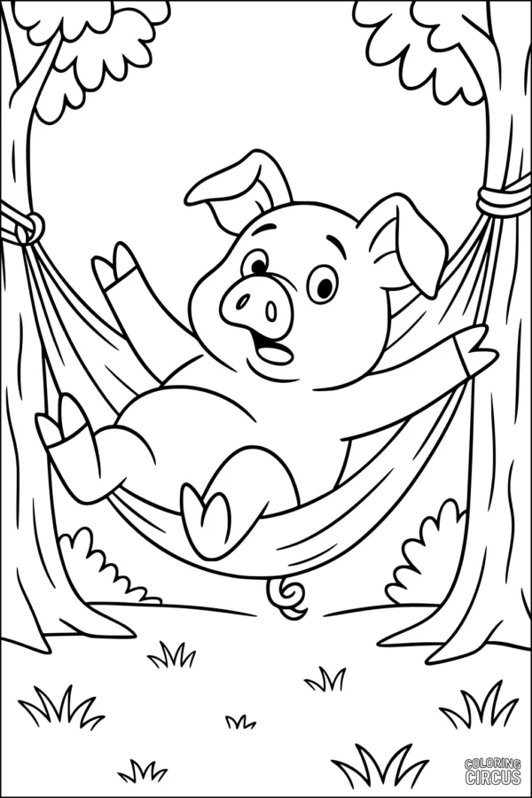 Coloring page with a surprised piglet relaxing in a hammock strung between two trees in a forest setting