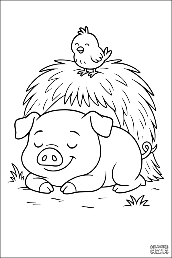 Coloring page showing a smiling piglet sleeping under a haystack with a bird sitting on top