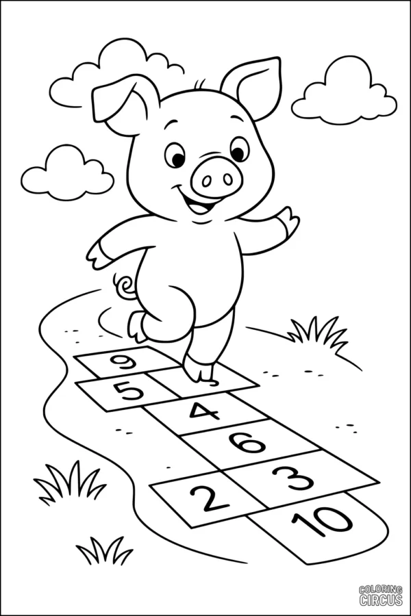 Coloring page featuring a cute pig playing hopscotch in a meadow with clouds and grass