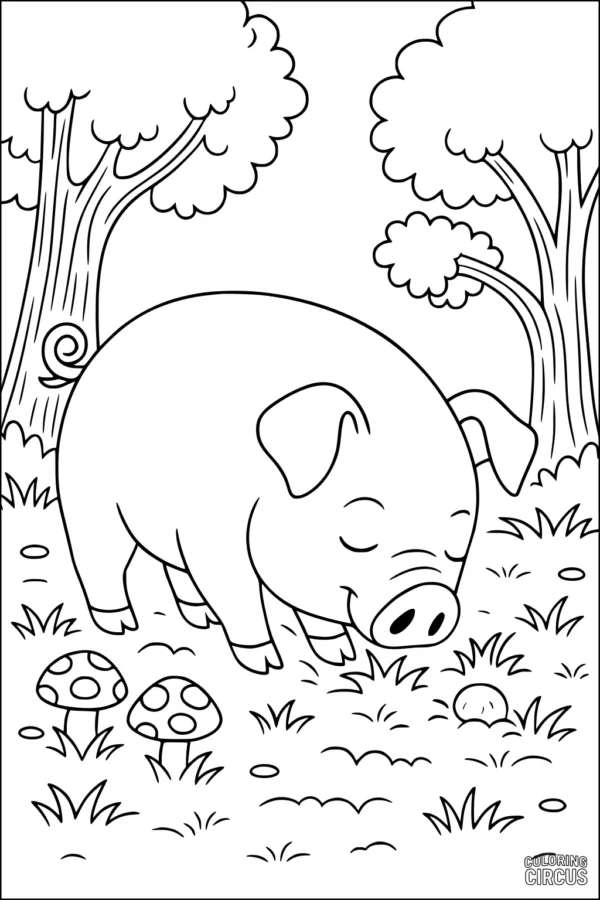Coloring page of a piglet in a meadow with trees and mushrooms