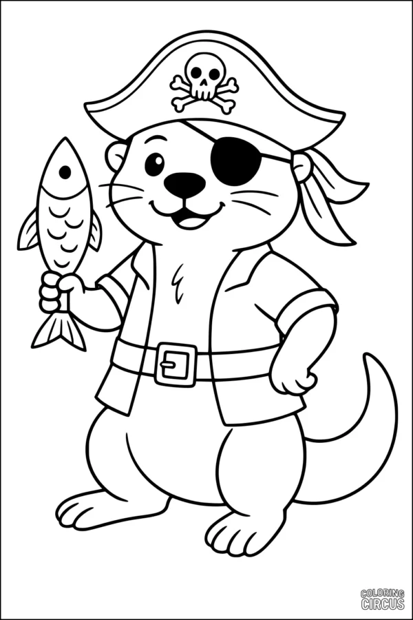 Coloring page of a cartoon pirate otter holding fish and wearing pirate hat