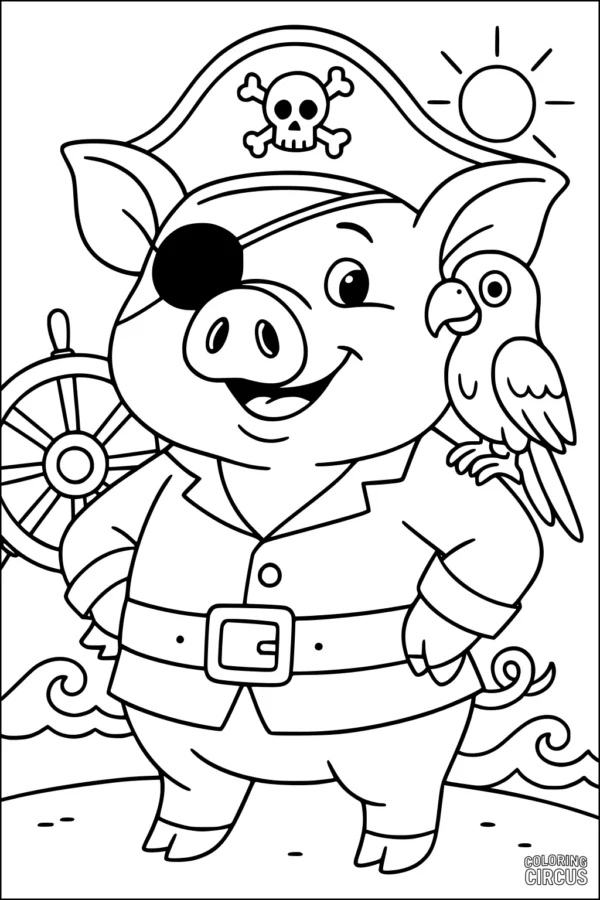 Coloring page of a pirate pig with an eyepatch and parrot on shoulder by ship's wheel