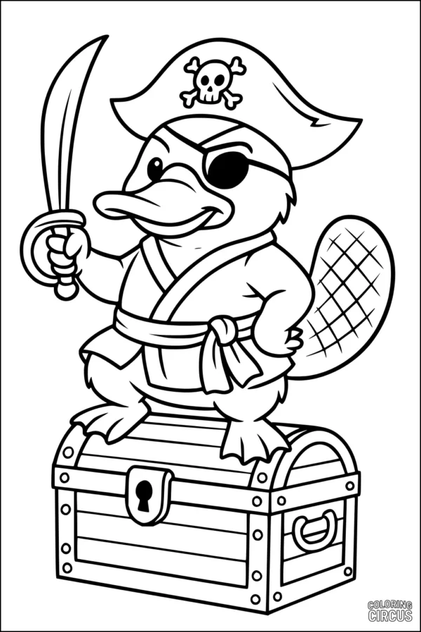 Coloring page featuring a cartoon pirate platypus standing on a treasure chest holding a sword