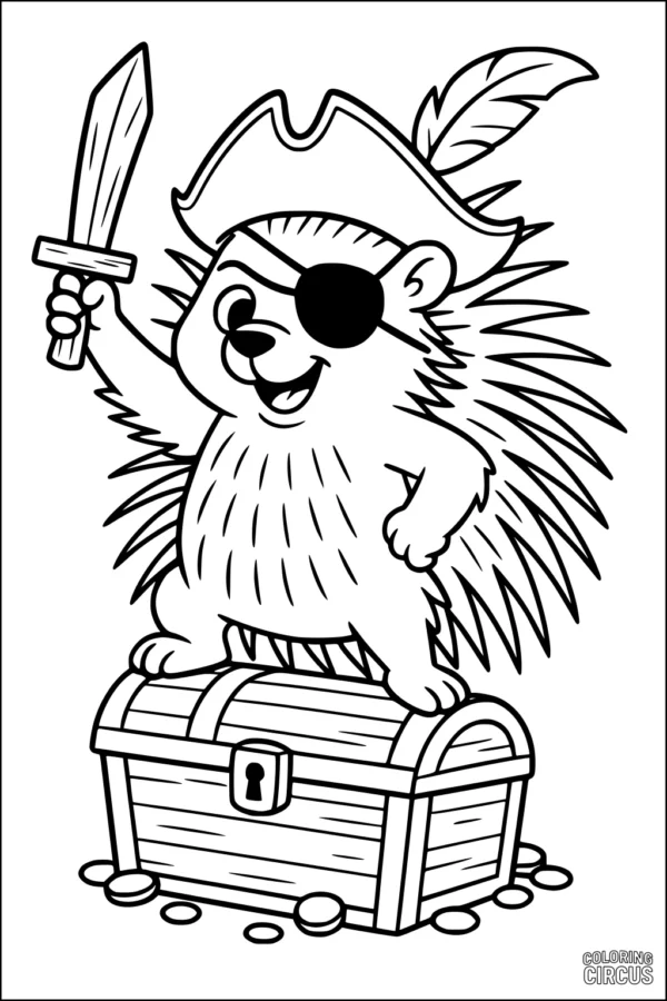 Coloring page of a cartoon porcupine dressed as a pirate standing on a treasure chest with coins