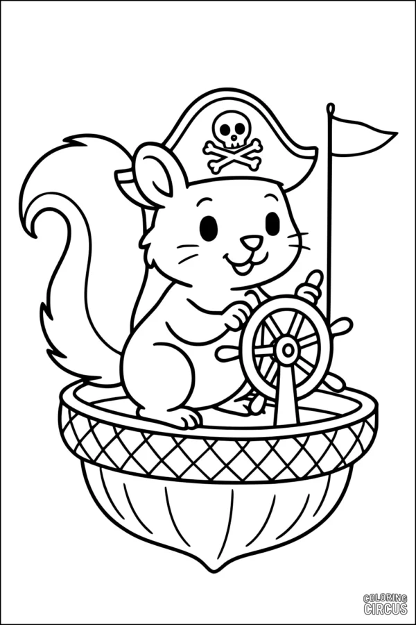 Coloring page of a cute pirate squirrel steering an acorn boat with a pirate hat and flag