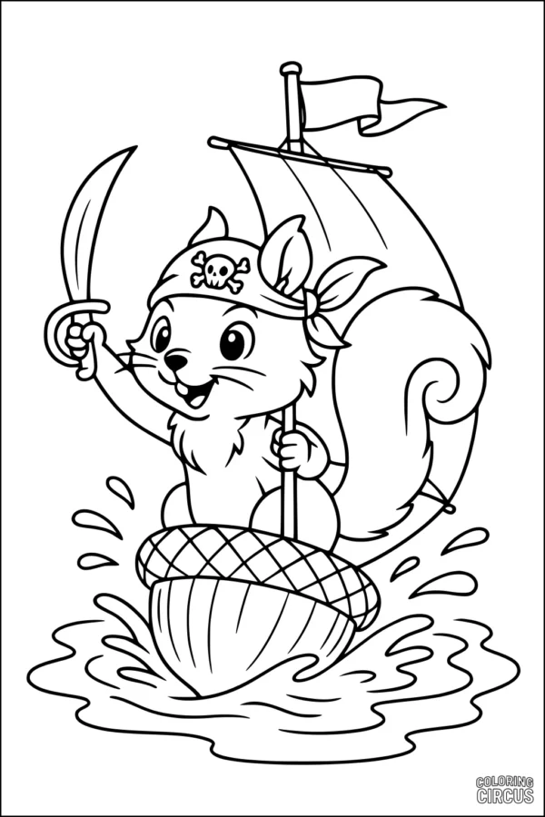 Coloring page cartoon pirate squirrel sailing acorn boat