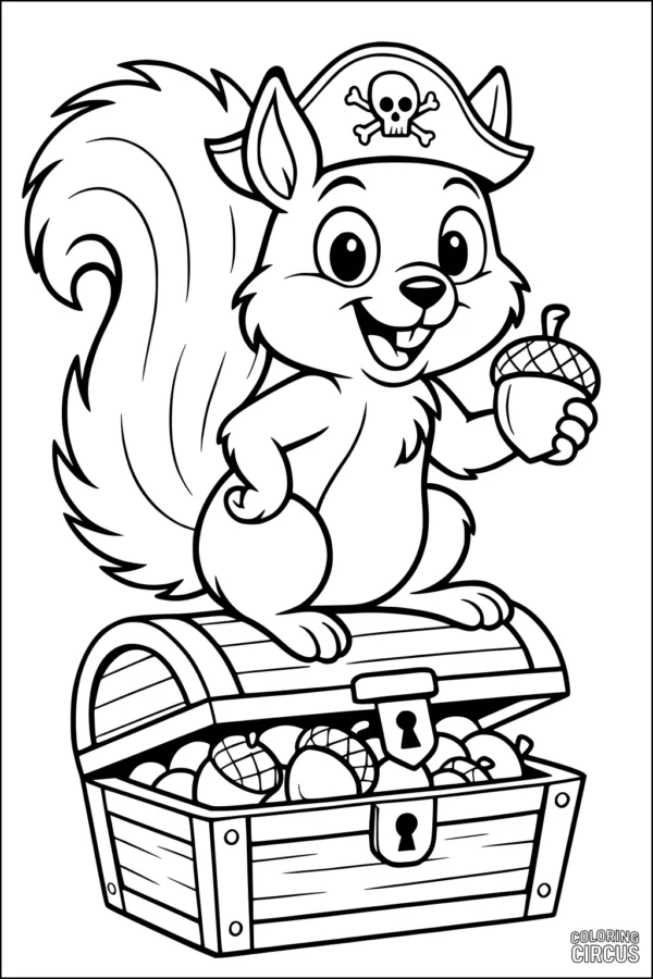 Coloring page of cartoon pirate squirrel holding an acorn and sitting on a treasure chest full of nuts
