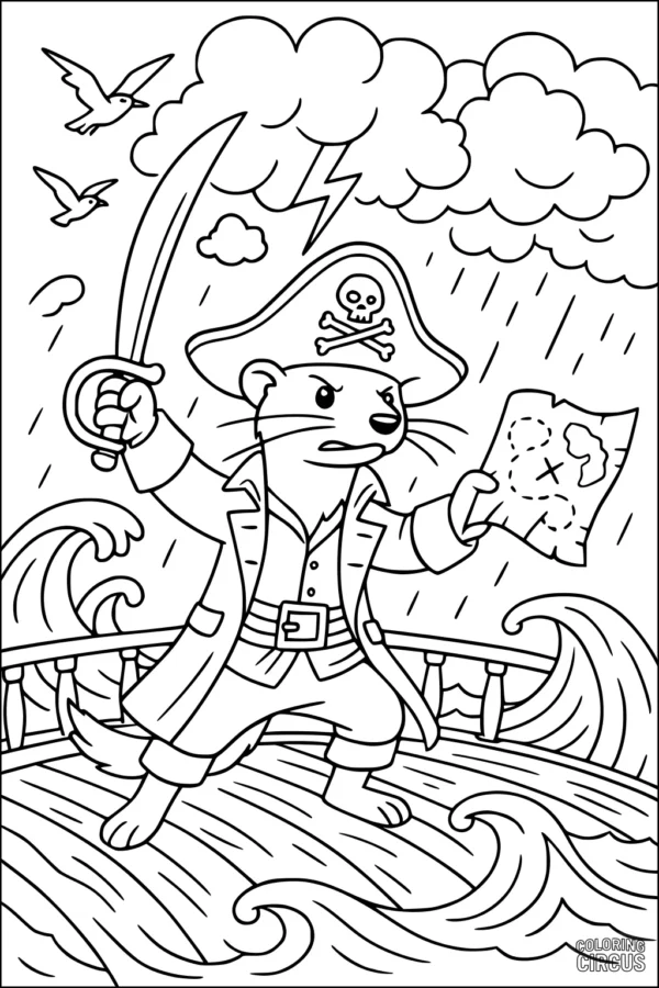 Coloring page of a pirate weasel holding a sword and treasure map on a ship in a storm