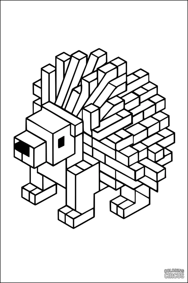 Coloring page featuring a geometric porcupine made of square and rectangular blocks