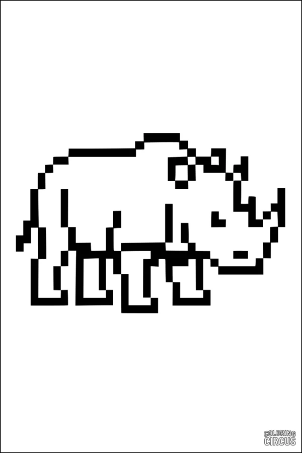 Coloring page featuring a simple pixel-style rhinoceros outline for kids