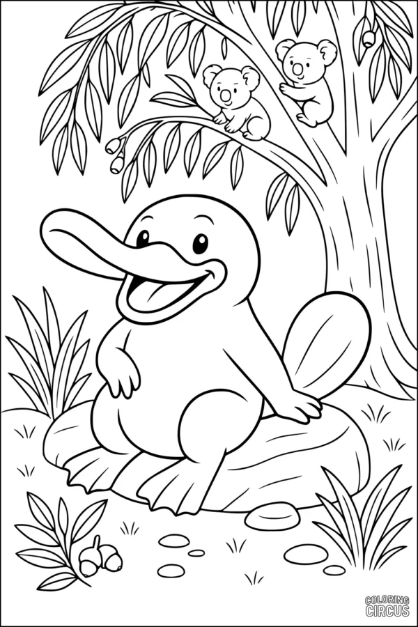 Coloring page with a happy platypus sitting on a rock and koalas in a eucalyptus tree