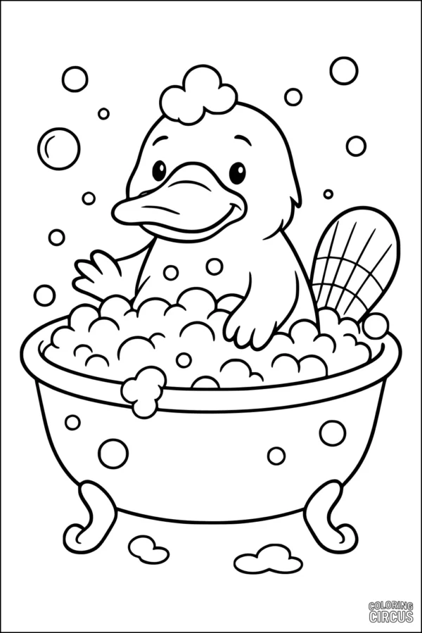 Coloring page with a happy platypus in a bubble bath, designed for young children.