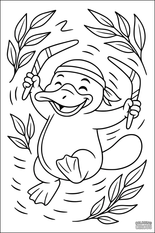 Coloring page of a smiling platypus juggling boomerangs among leafy branches in a bush setting