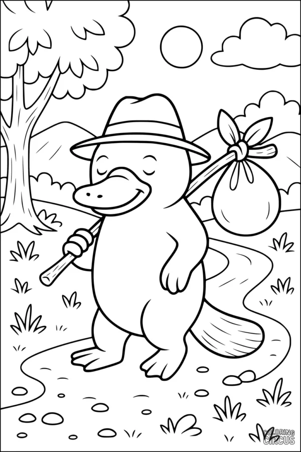Coloring page showing a cartoon platypus with a hat and bundle, walking along a country path with trees and mountains