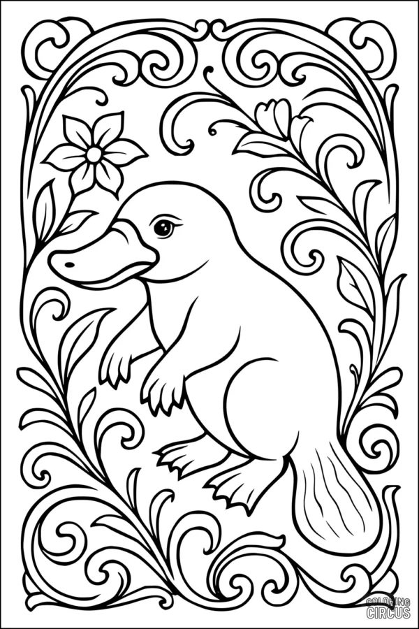 Coloring page featuring a platypus surrounded by decorative flowers and leafy vines