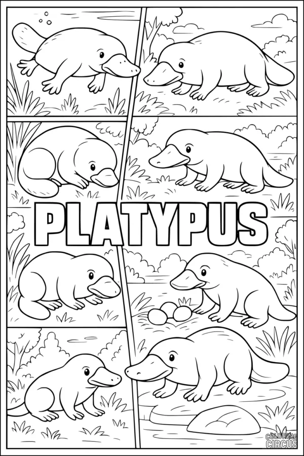 Coloring page featuring multiple cartoon platypuses in a nature habitat with grass, water, and eggs