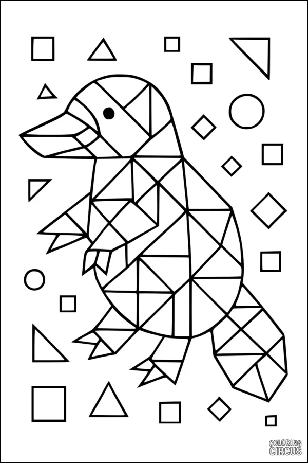Coloring page platypus made of geometric shapes surrounded by triangles, squares, and circles