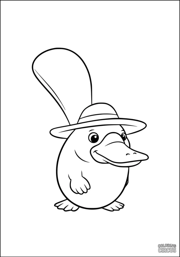 Coloring page of a cartoon platypus wearing a wide-brimmed hat, friendly and simple design