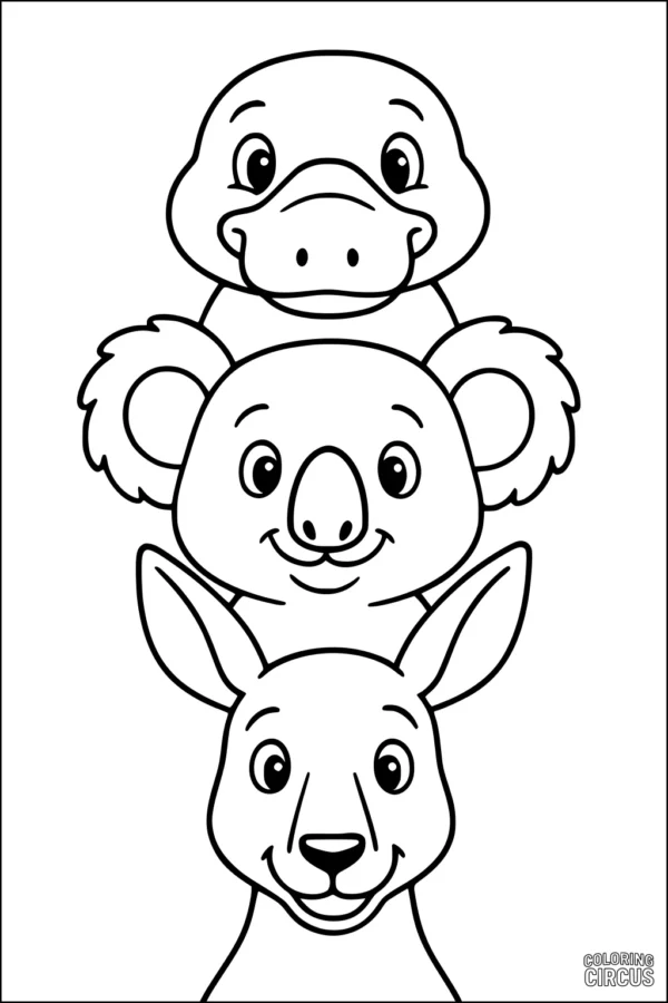 Coloring page featuring cute platypus, koala, and kangaroo stacked in a friendly pile
