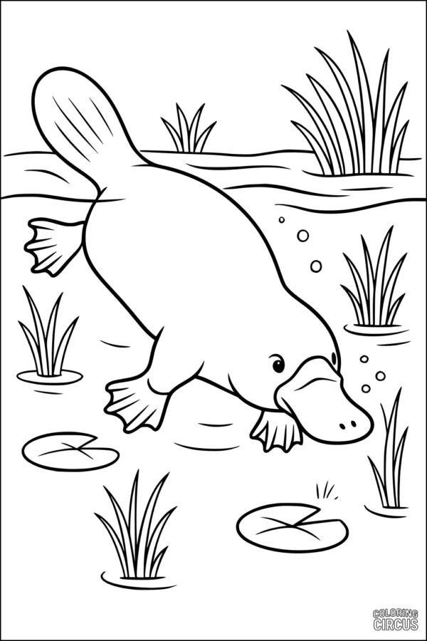 Coloring page showing a platypus swimming underwater among lily pads and reeds