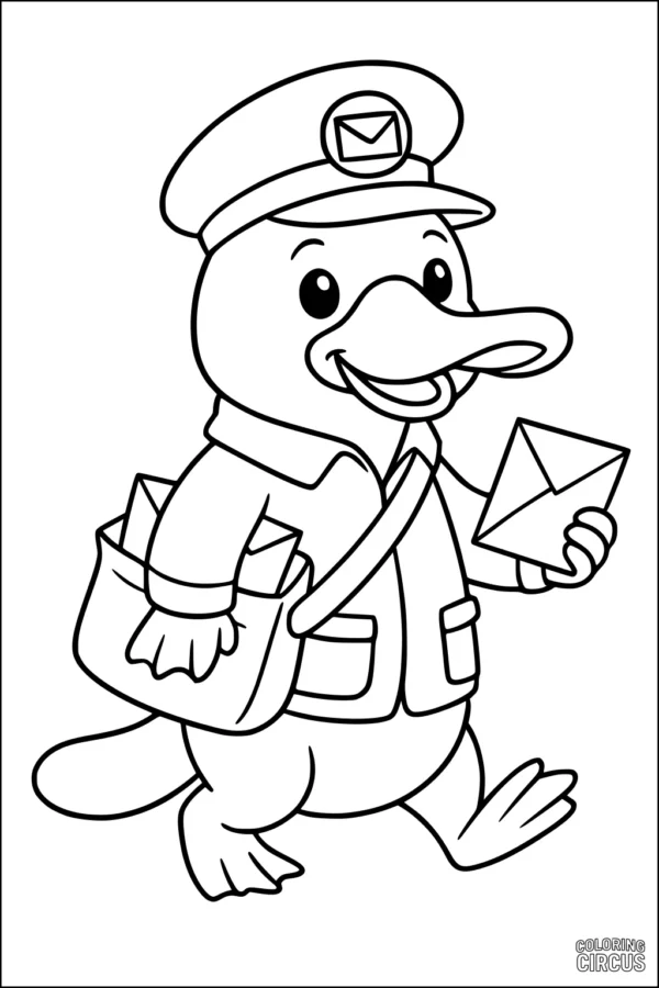Coloring page featuring a cartoon platypus dressed as a mail carrier holding a letter and a satchel.