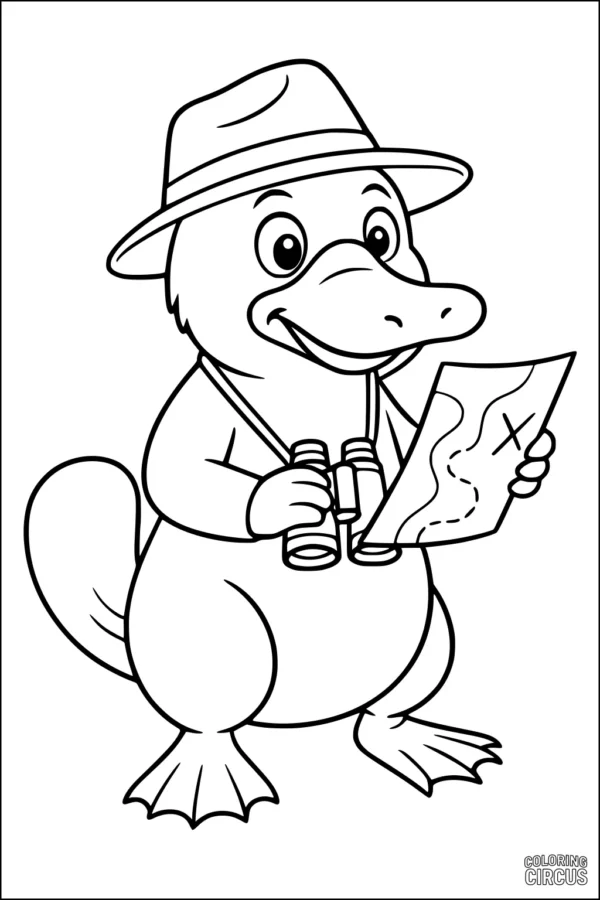 Coloring page featuring a friendly cartoon platypus wearing a hat and holding a map and binoculars