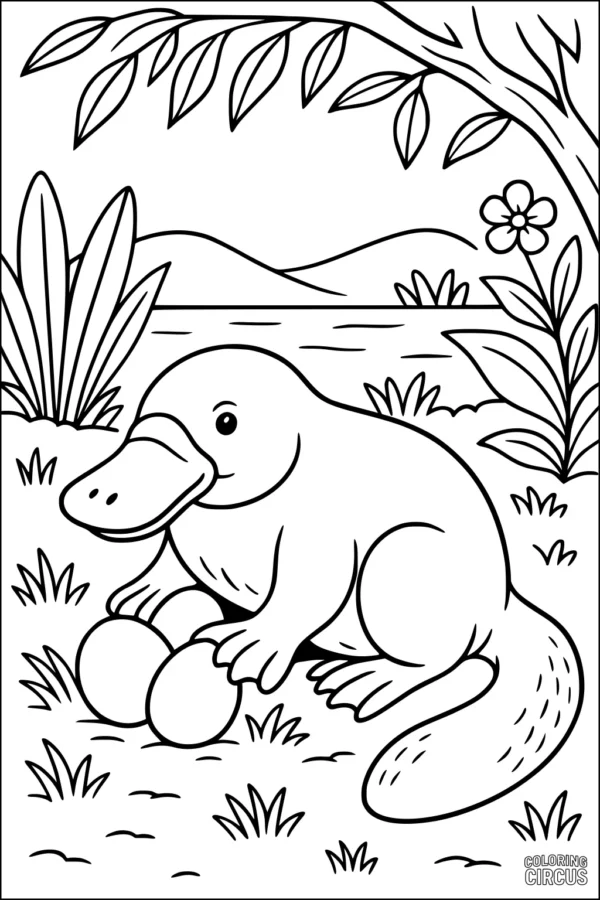 Coloring page of a cute platypus with eggs under a tree by a river