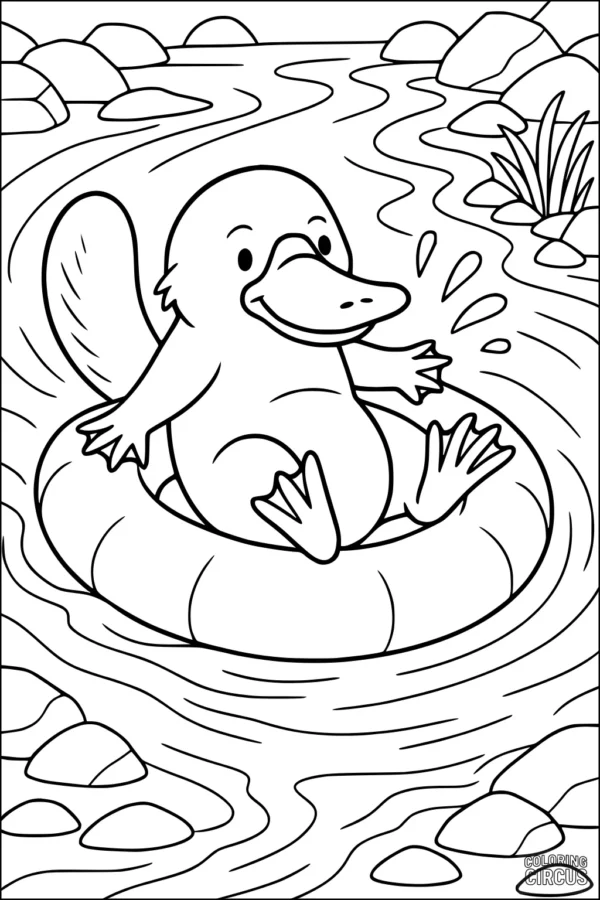Coloring page with cute platypus floating in river on inflatable ring, surrounded by rocks and plants