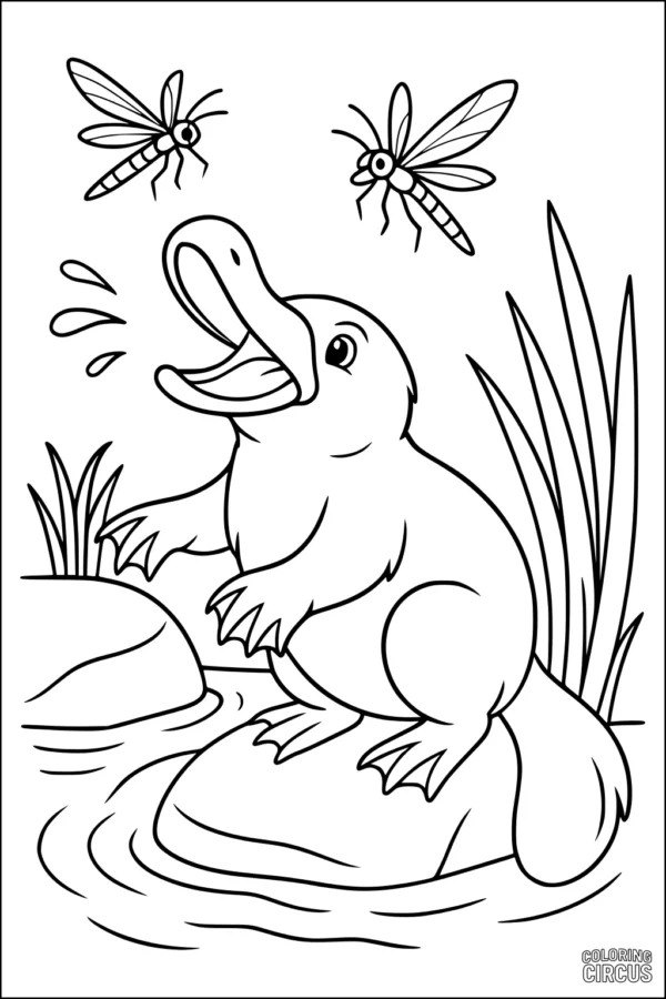 Coloring page showing a cheerful platypus sitting on a river rock with dragonflies in the background, surrounded by reeds and water.