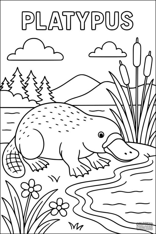 Coloring page featuring a platypus by a riverbank with reeds, flowers, trees, and mountains in the background