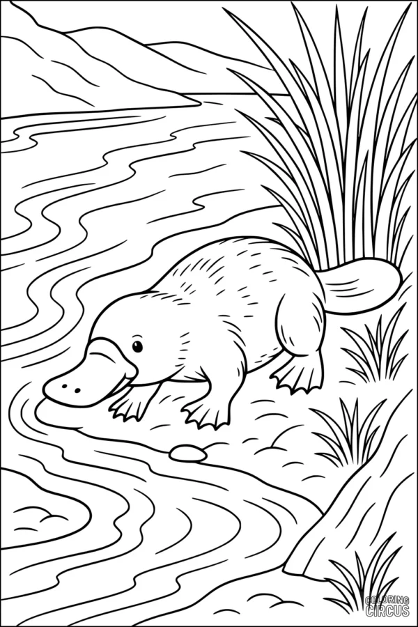 Coloring page featuring a platypus by a riverbank with reeds and mountains in the background