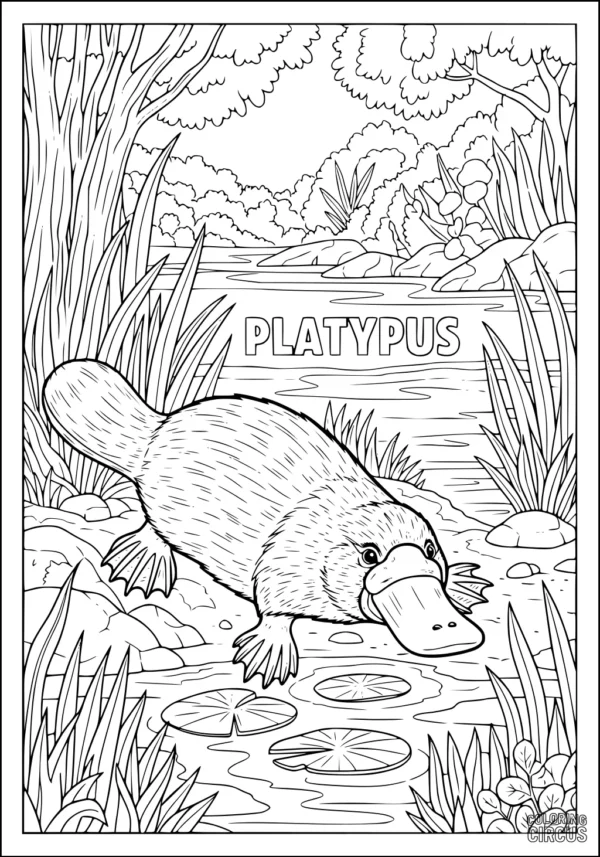 Coloring page featuring a platypus at the edge of a river with surrounding grass, lily pads, and trees.
