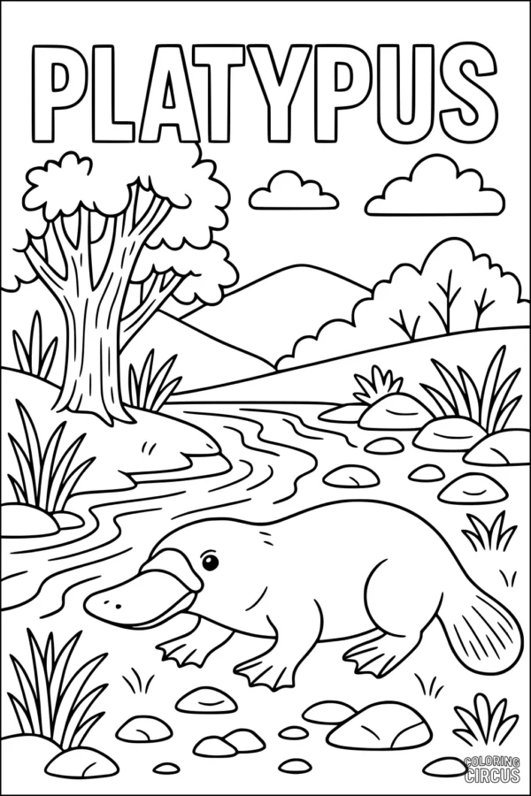 Coloring page of a platypus beside a stream with trees and hills in the background