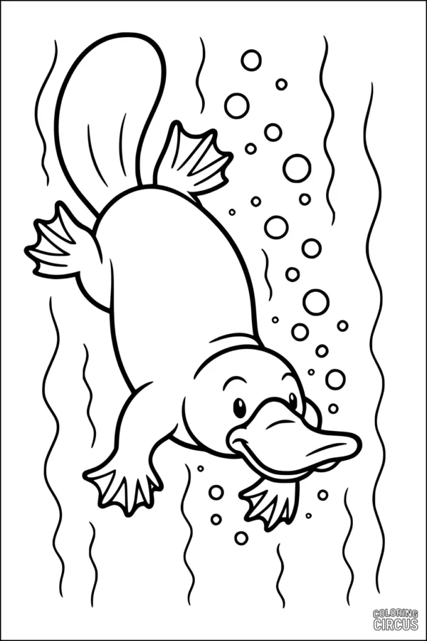Coloring page playful cartoon platypus swimming underwater with bubbles and wavy lines