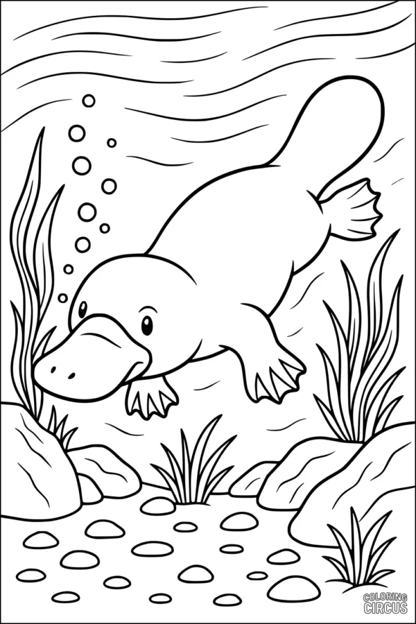 Coloring page showing a cute platypus swimming underwater with plants, rocks, and bubbles