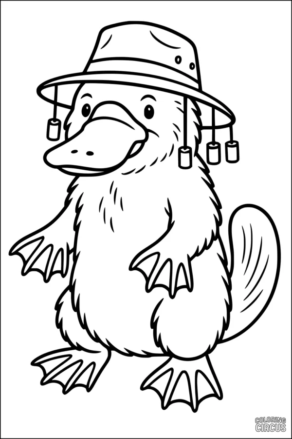 Coloring page of a cartoon platypus wearing a wide hat with corks