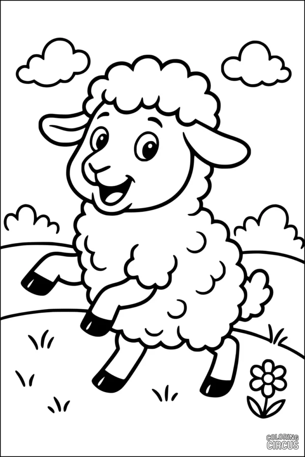 Coloring page of a happy cartoon sheep prancing in a grassy meadow under clouds