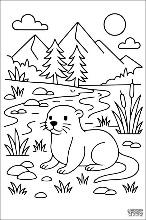 Coloring page showing a cute otter beside a river with mountains, trees, and grasses in the background.