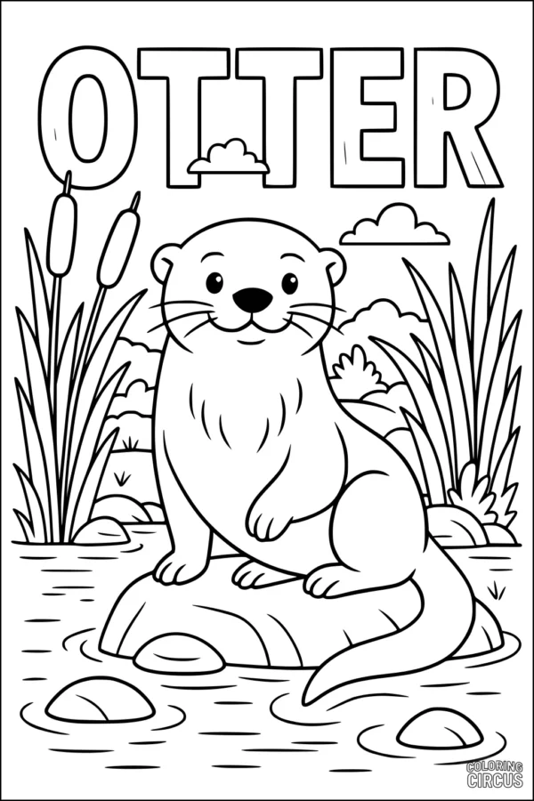 Coloring page showing a cute otter sitting on a rock by a river with plants and clouds