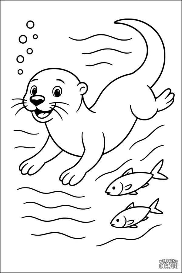 Coloring page featuring a cute otter swimming underwater with two fish