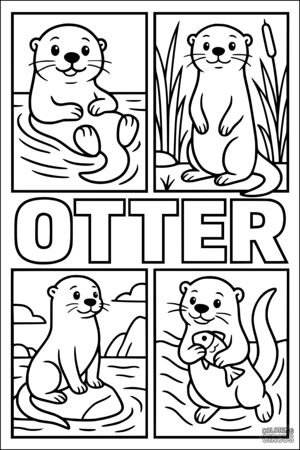 Coloring page featuring four cartoon otters by a river with reeds and rocks, each in a different playful pose