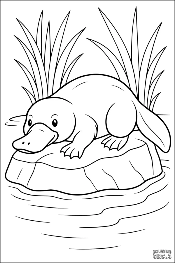 Coloring page showing a cute platypus lounging on a rock beside river plants