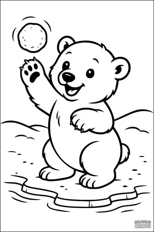 Coloring page featuring a cute cartoon polar bear cub tossing a snowball on arctic ice.