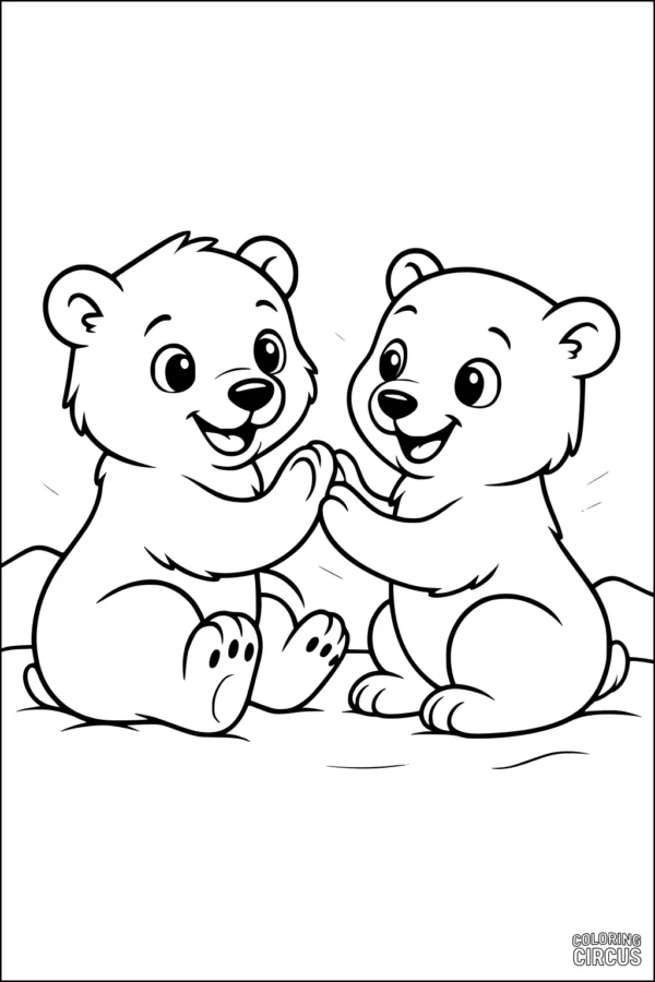 Coloring page featuring two smiling cartoon polar bear cubs playing together on snow