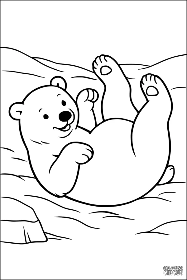 Coloring page of a cheerful cartoon polar bear rolling on its back in the snow, suitable for young children.
