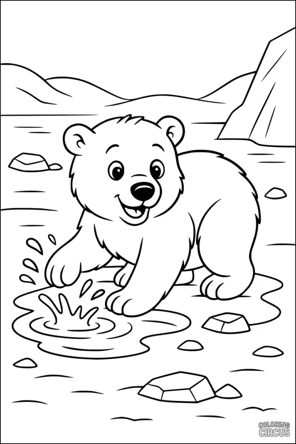 Coloring page showing a cartoon polar bear cub splashing in icy water with rocks and snow in the background