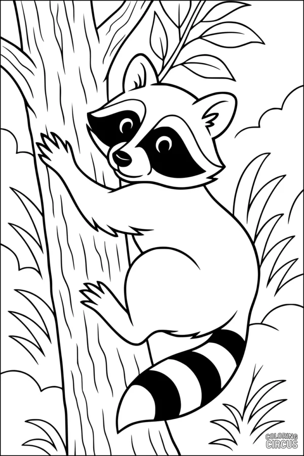 Coloring page featuring a cute raccoon climbing a tree with leaves and grass around